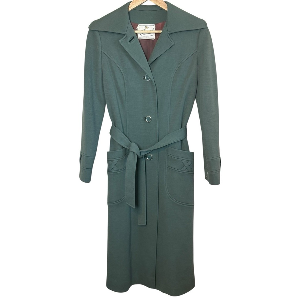 Vtg Fashionbilt Womens Green Trench Coat 100% Pure‎ Wool Belted See Measurements